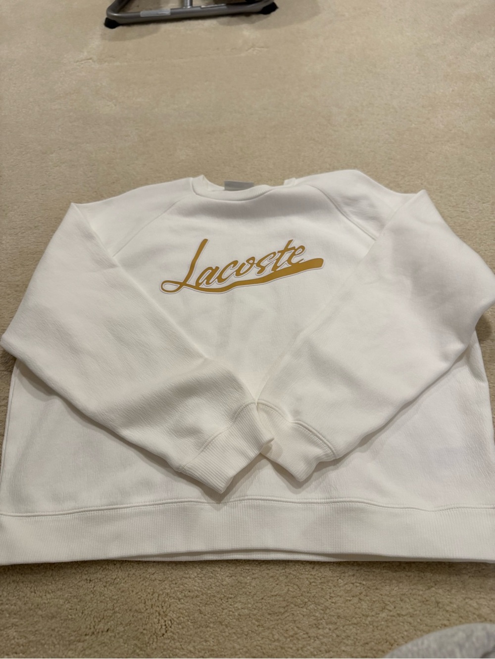 Lacoste White Crewneck Sweathirt with Gold Script Logo